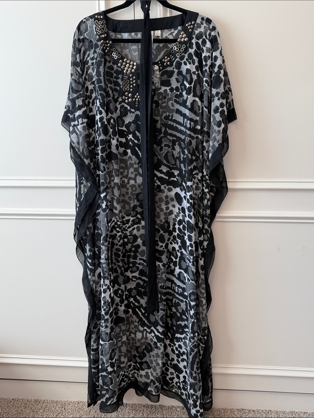 Marc Bouwer Black and Gray Animal Print Maxi Kaftan with Stud Accents